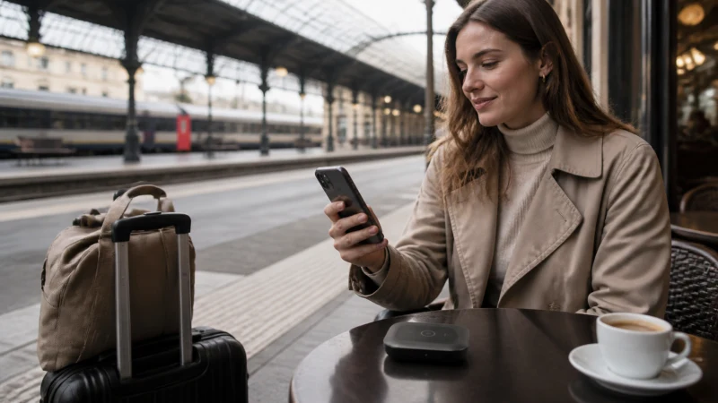 Traveller comparing a smartphone and pocket Wi-Fi device at a European station.