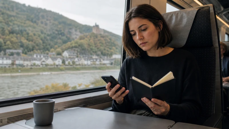 Rail traveller comparing mobile connectivity options in Europe.