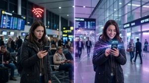 Traveler using eSIM mobile data without WiFi at airport showing strong cellular signal on smartphone
