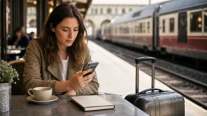 Traveller estimating mobile-data needs at a European railway café.