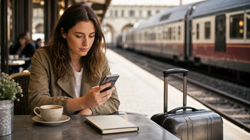 Traveller estimating mobile-data needs at a European railway café.