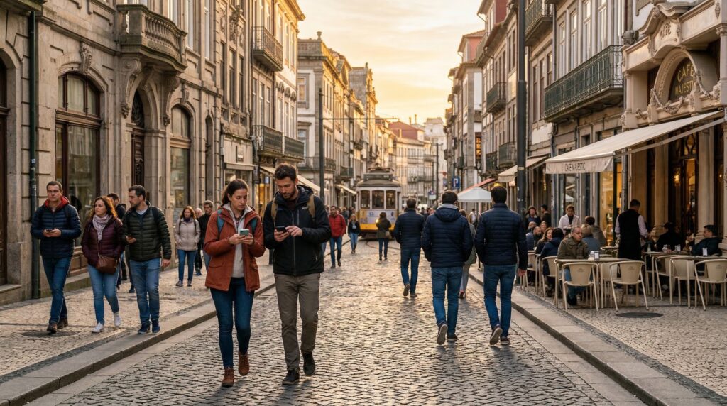 tourists using smartphones to navigate with mobile data while traveling in europe