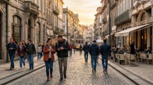 tourists using smartphones to navigate with mobile data while traveling in europe