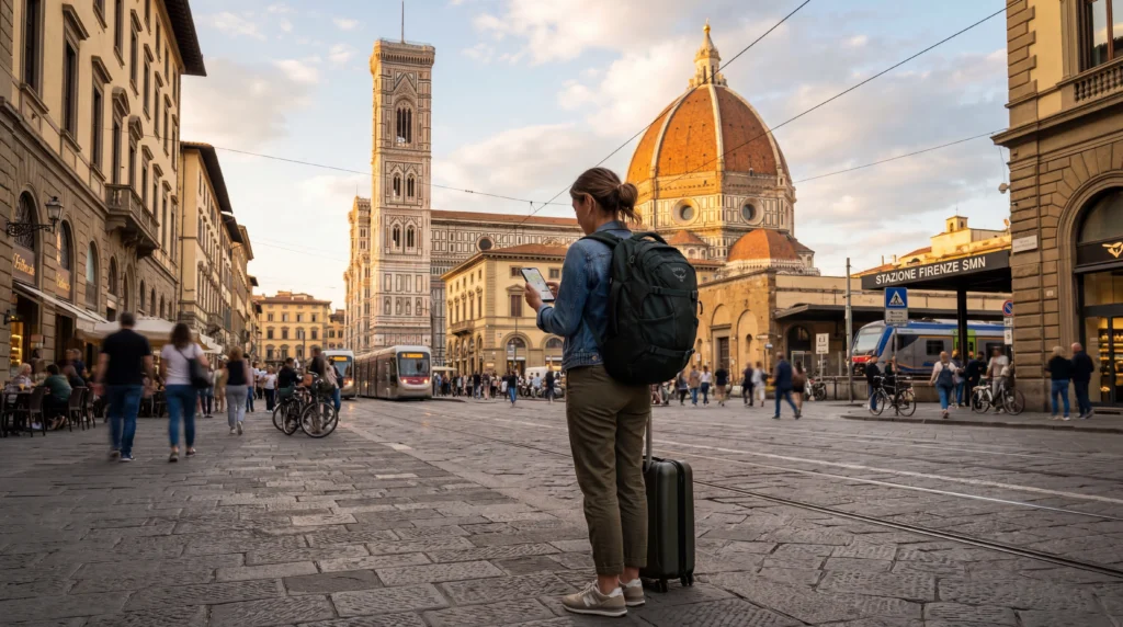 traveler in europe checking smartphone mobile data usage and maps