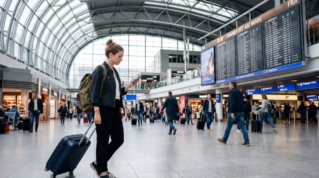 traveler using mobile internet after landing at european airport with luggage
