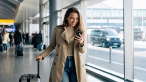 Traveller connecting a smartphone after landing at a European airport.