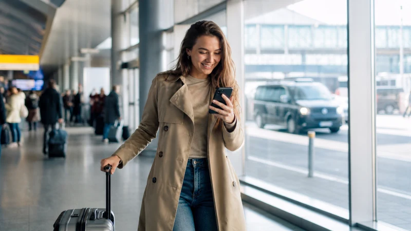 Traveller connecting a smartphone after landing at a European airport.