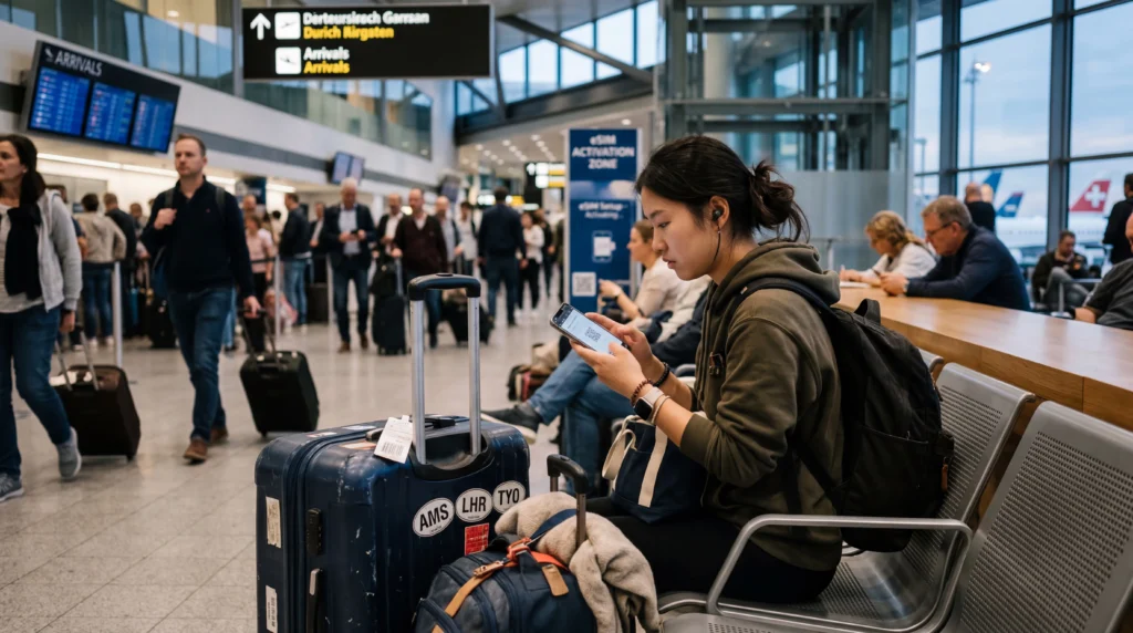 student installing esim on smartphone at airport while studying abroad