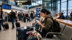 student installing esim on smartphone at airport while studying abroad