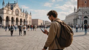 Traveller checking mobile data in a busy European square.