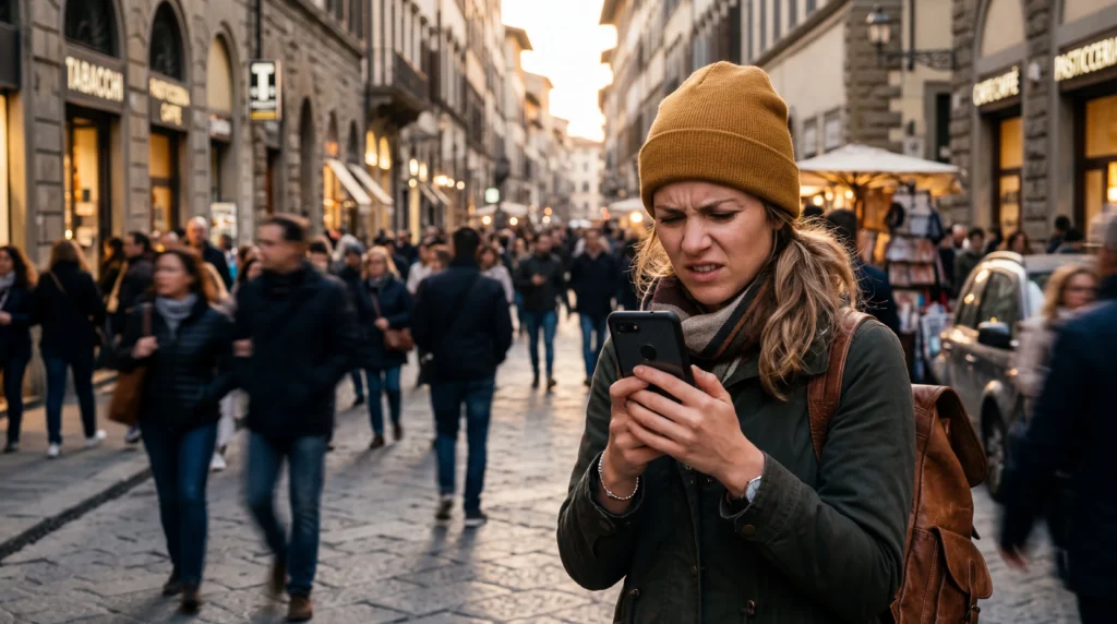 tourist experiencing slow esim internet in europe using smartphone in city