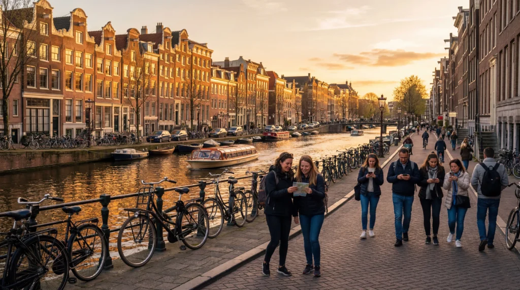 tourists using smartphones with mobile internet along canal in amsterdam