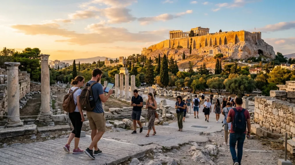 tourists using smartphones with mobile internet near acropolis athens