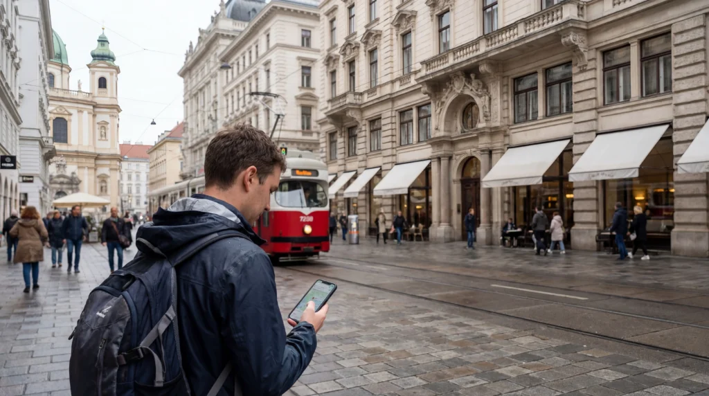 Tourist using smartphone with mobile internet on a street in Vienna Austria.