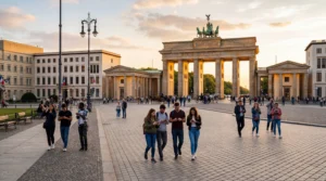 tourists using smartphones with mobile internet near brandenburg gate berlin