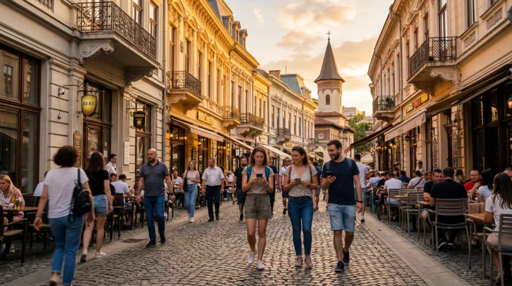 tourists using smartphones with mobile internet in bucharest old town streets