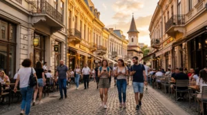 tourists using smartphones with mobile internet in bucharest old town streets