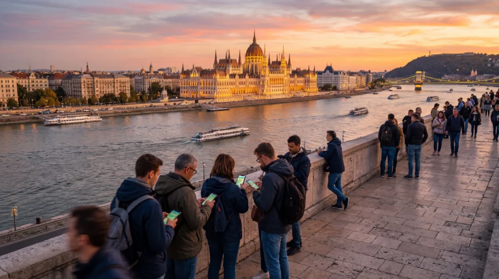 tourists using smartphones with mobile internet near hungarian parliament in budapest