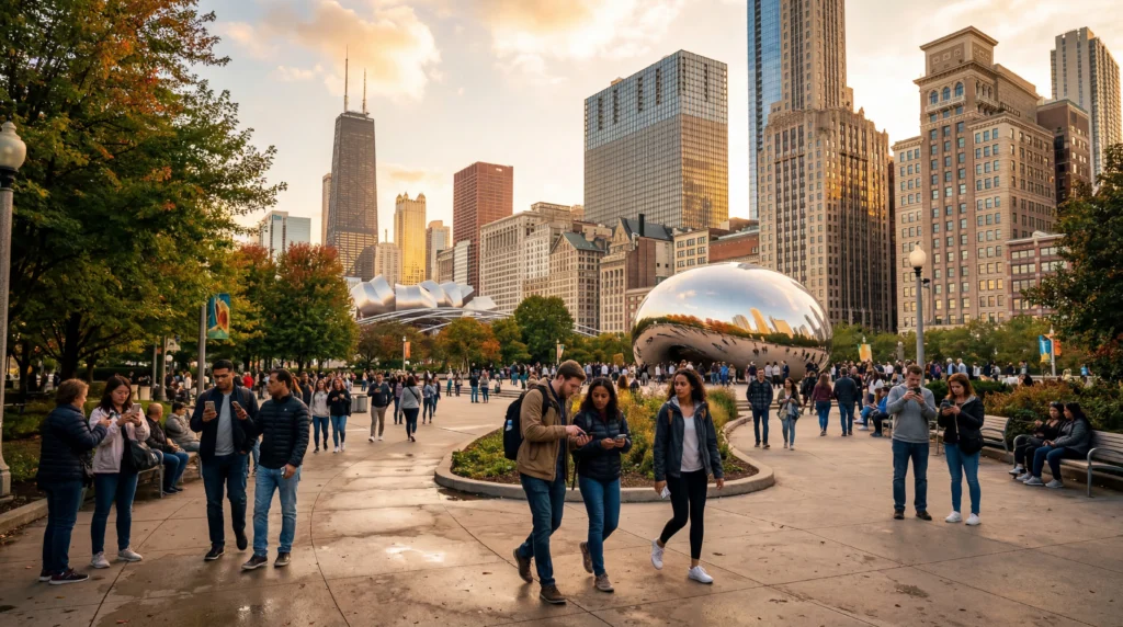 tourists using smartphones with mobile internet in millennium park chicago