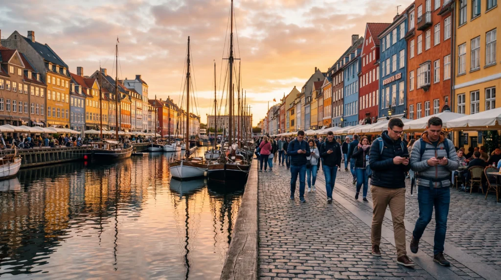 tourists using smartphones with mobile internet at nyhavn copenhagen waterfront