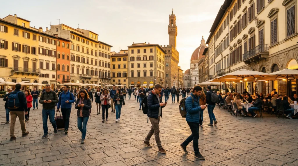 tourists using smartphones with mobile internet while traveling across europe