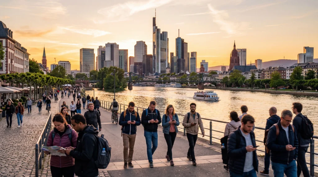 tourists using smartphones with mobile internet in frankfurt city center skyline