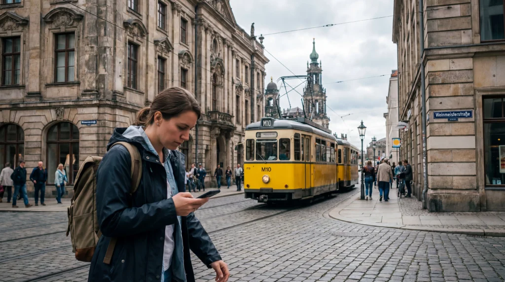 Tourist using smartphone with mobile internet on a street in Berlin Germany.