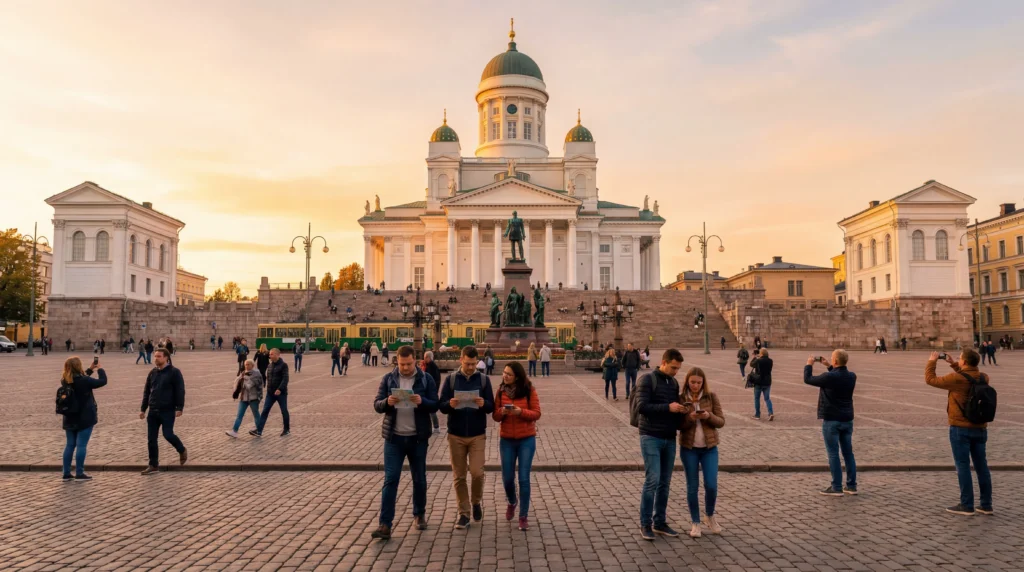 tourists using smartphones with mobile internet at helsinki cathedral senate square