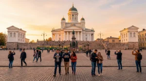tourists using smartphones with mobile internet at helsinki cathedral senate square