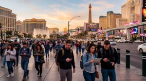 tourists using smartphones with mobile internet on las vegas strip