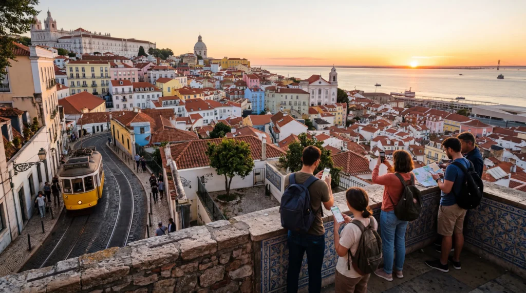 tourists using smartphones with mobile internet overlooking lisbon city