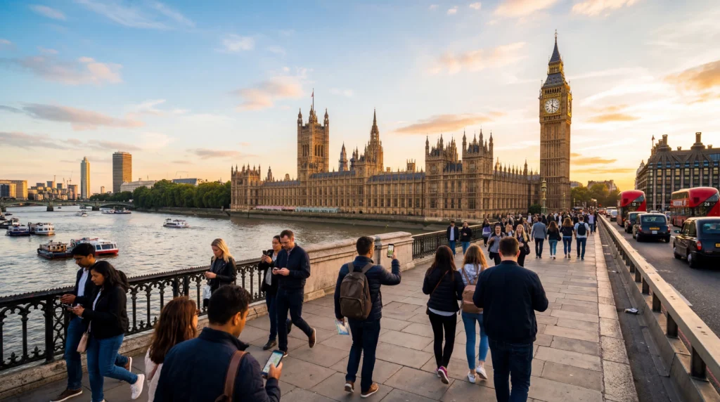 tourists using smartphones with mobile internet near big ben in london
