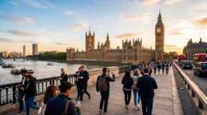 tourists using smartphones with mobile internet near big ben in london