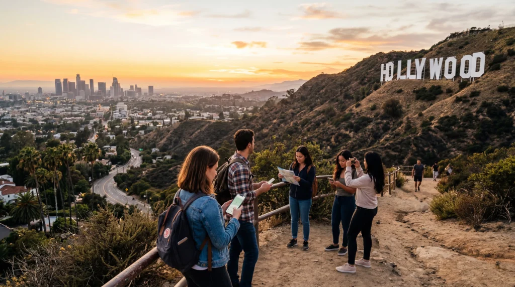 tourists using smartphones with mobile internet overlooking los angeles near hollywood sign
