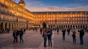 tourists using smartphones with mobile internet at plaza mayor in madrid