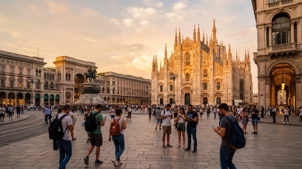tourists using smartphones with mobile internet at milan cathedral piazza del duomo