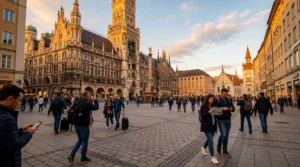 tourists using smartphones with mobile internet at marienplatz munich