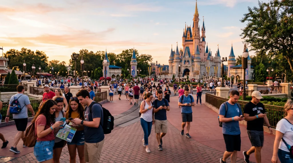 tourists using smartphones with mobile internet at disney world orlando