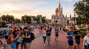 tourists using smartphones with mobile internet at disney world orlando