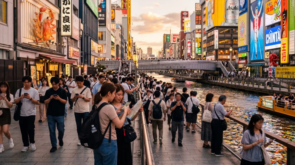 tourists using smartphones with mobile internet near dotonbori canal osaka