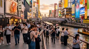 tourists using smartphones with mobile internet near dotonbori canal osaka