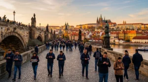tourists using smartphones with mobile internet on charles bridge in prague