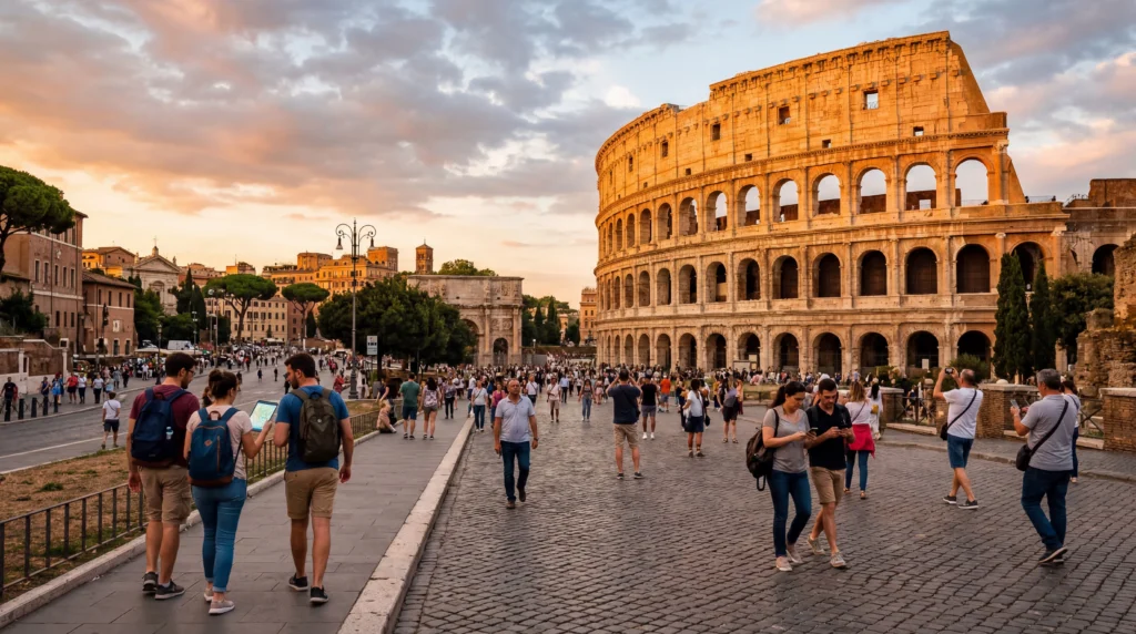 tourists using smartphones with mobile internet near the colosseum in rome