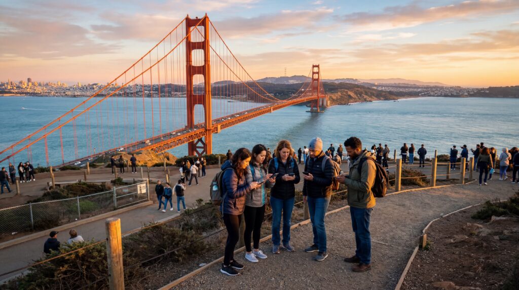 tourists using smartphones with mobile internet near golden gate bridge san francisco