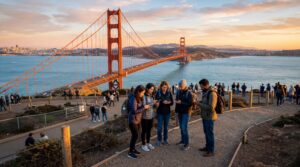 tourists using smartphones with mobile internet near golden gate bridge san francisco