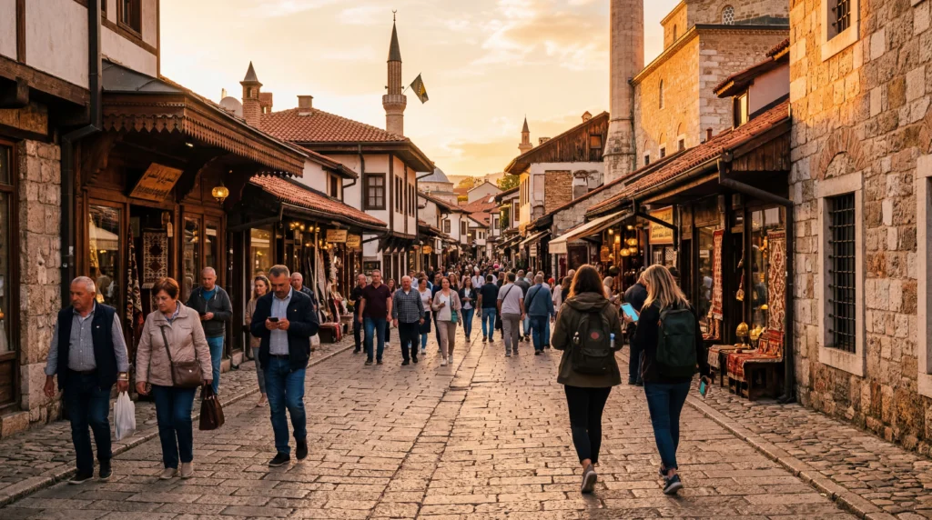 tourists using smartphones with mobile internet in sarajevo old town bascarsija