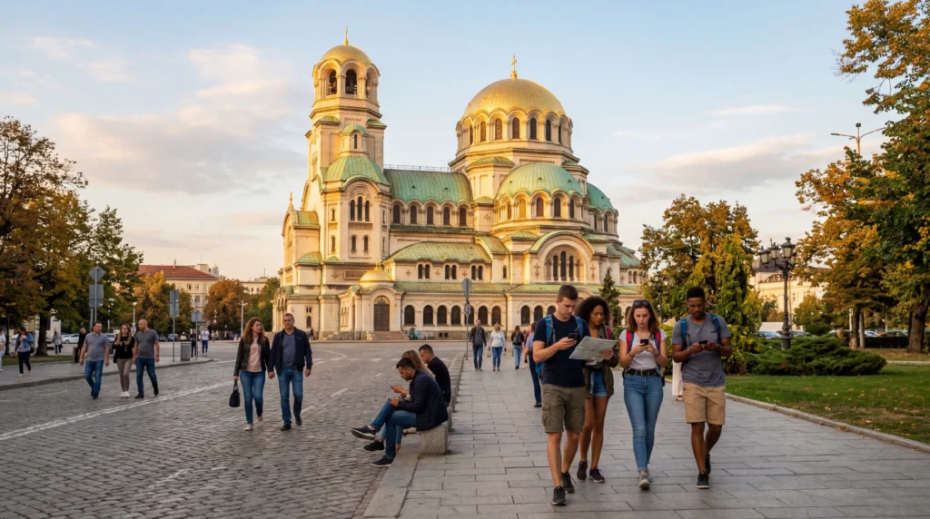 tourists using smartphones with mobile internet near alexander nevsky cathedral sofia