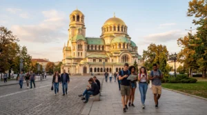 tourists using smartphones with mobile internet near alexander nevsky cathedral sofia