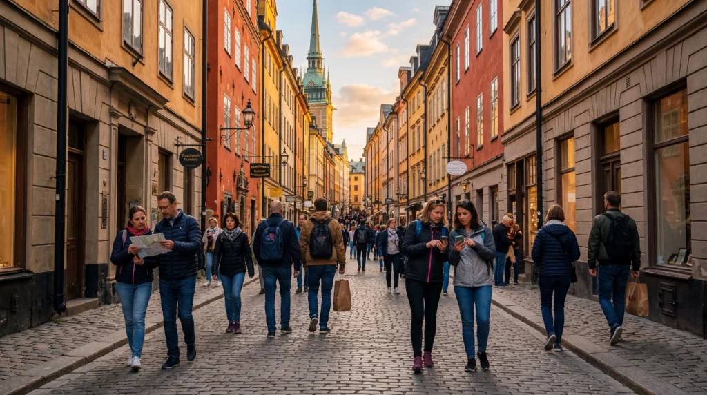 tourists using smartphones with mobile internet in gamla stan stockholm old town