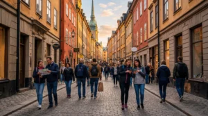 tourists using smartphones with mobile internet in gamla stan stockholm old town